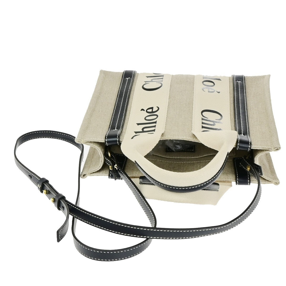 CHLOE Woody Tote Shoulder Hand Bag 2Way Canvas Leather White Navy GHW 90RK538