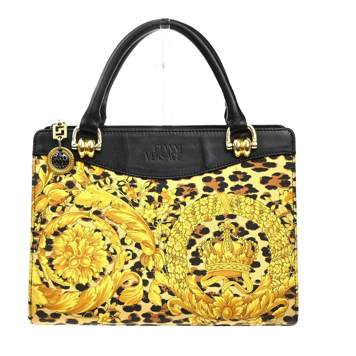 GIANNI VERSACE Logo Hand Bag Canvas Leather Yellow Black Italy GHW 30MA670
