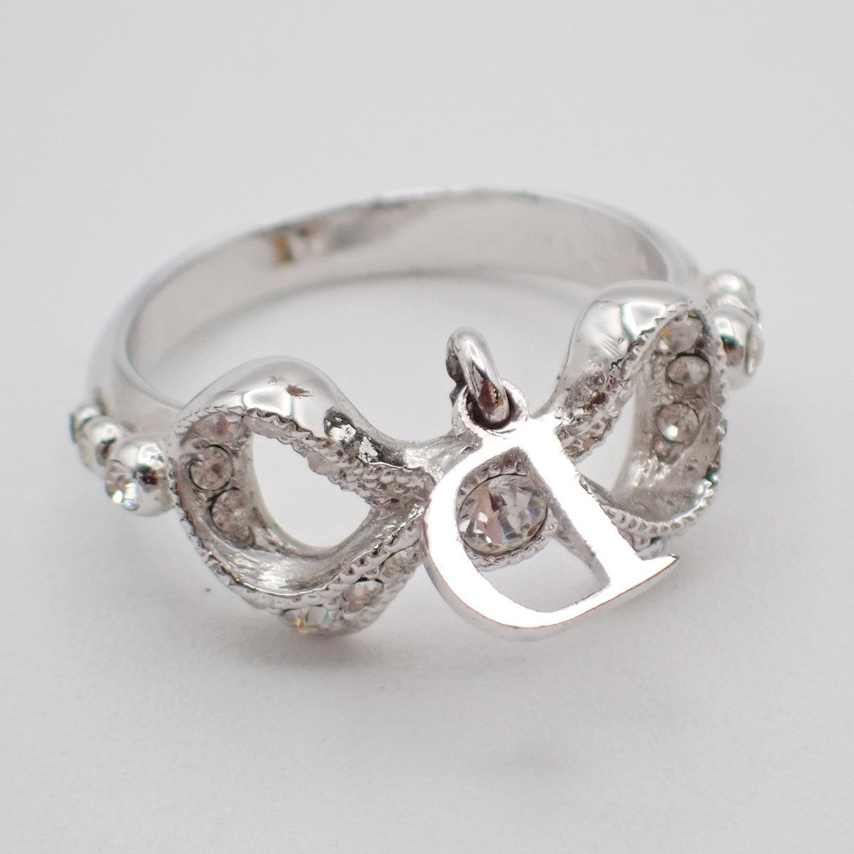 Dior Logo Rhinestone Bow Ring Silver Plated Accessory 09EF811