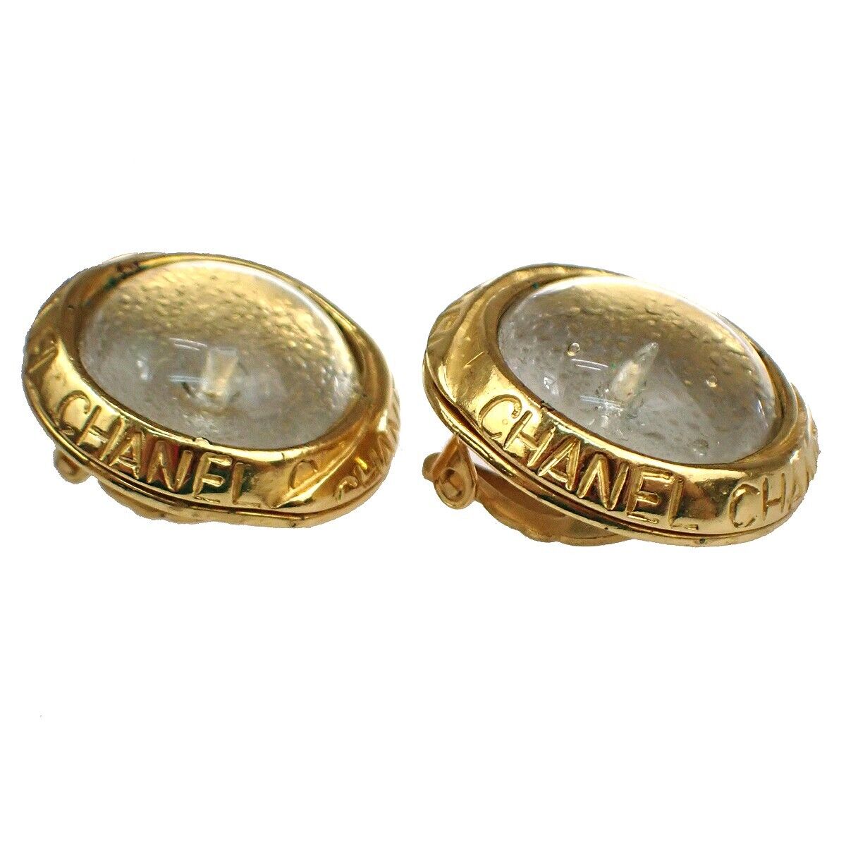 CHANEL CC Round Button Earrings Clip-On 96P Gripoix Clear GHW France VTG 87RH466