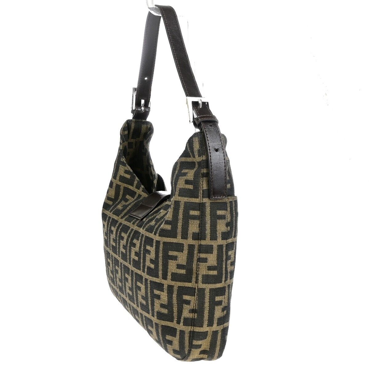 FENDI Logo Mamma Zucca Pattern Shoulder Bag Canvas Leather Brown Italy 93EB981