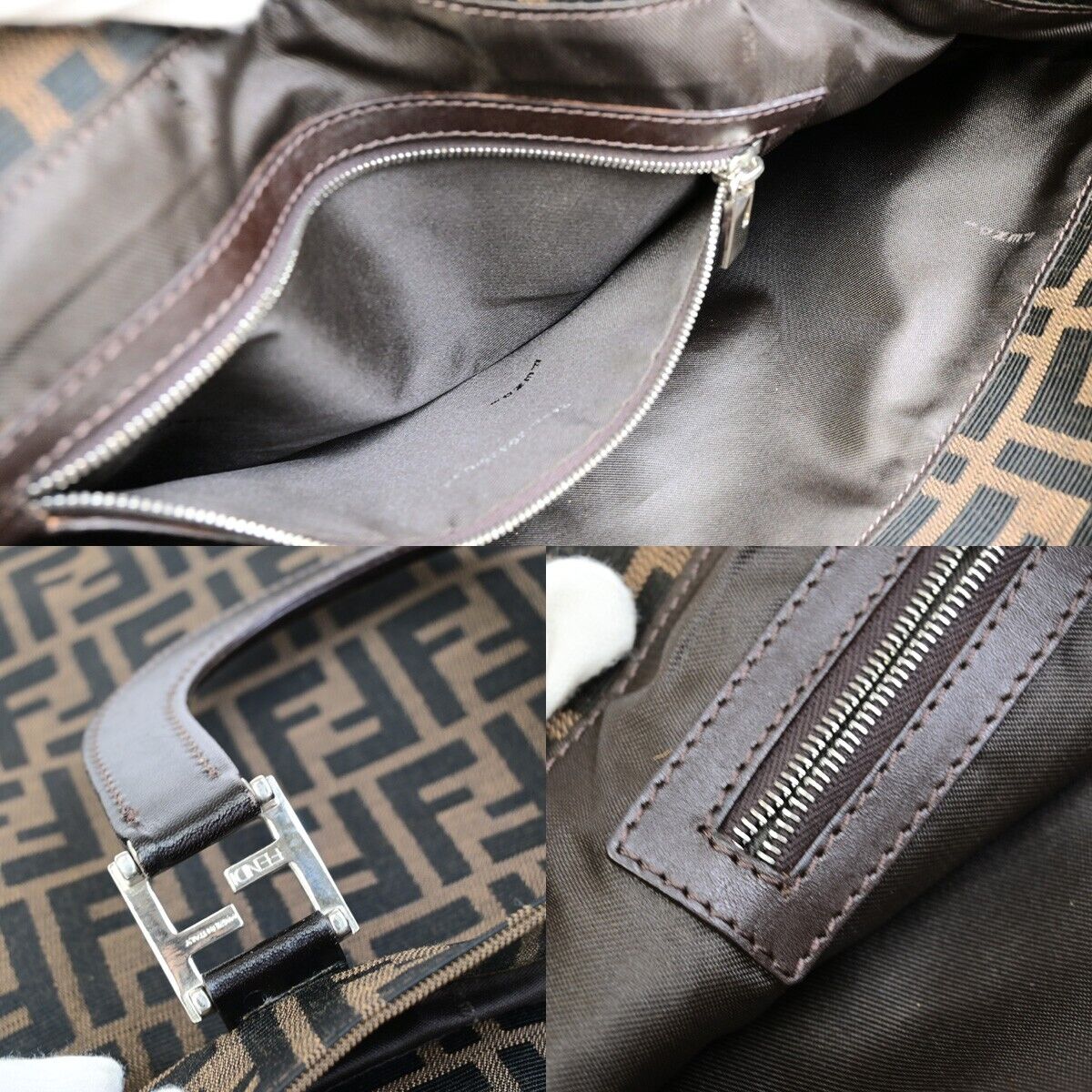 FENDI Logo Zucca Pattern Hand Tote Bag Canvas Leather Brown Silver Italy 98RF206