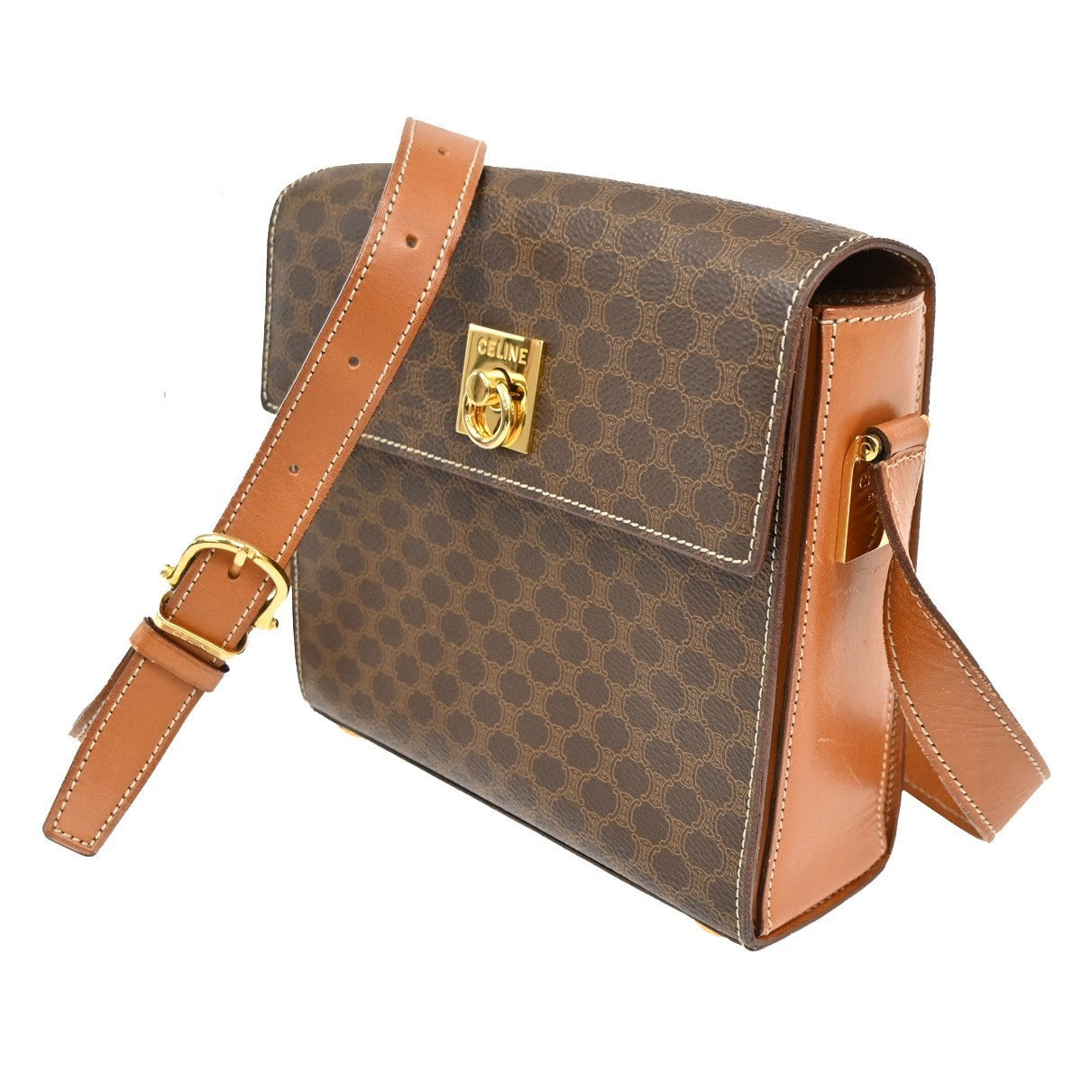 CELINE Macadam pattern Shoulder Bag PVC Leather Brown GHW 38TA402