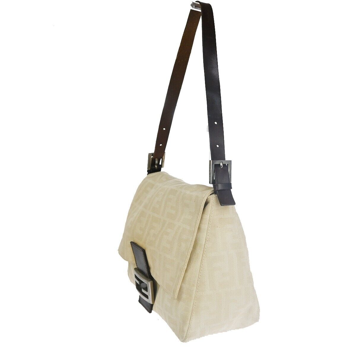 FENDI Zucca Zucchino Pattern Shoulder Bag Canvas Leather Beige  Italy 34SH041