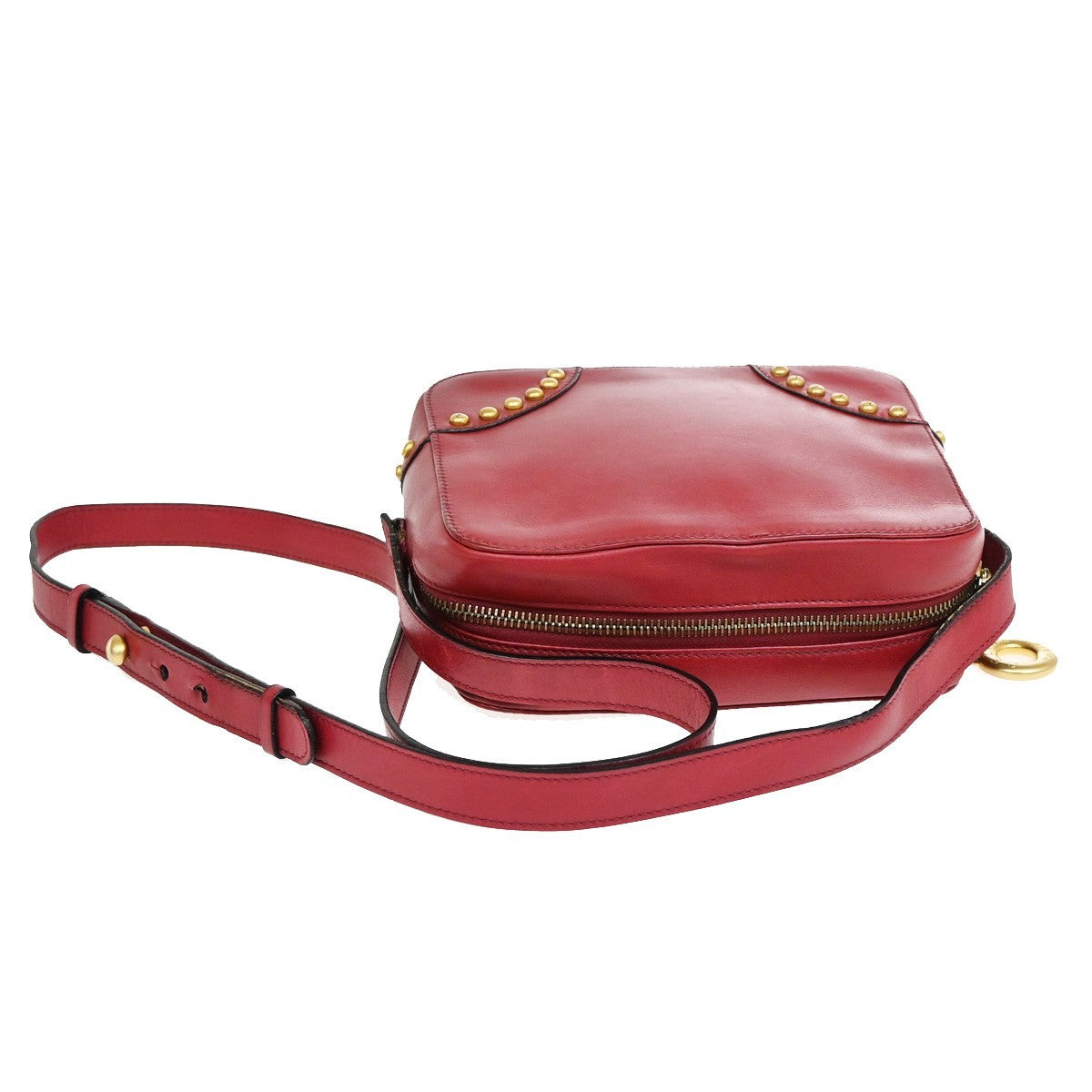 CELINE PARIS Logo Circle Studs Shoulder Bag Leather Red Gold Italy 62KP173