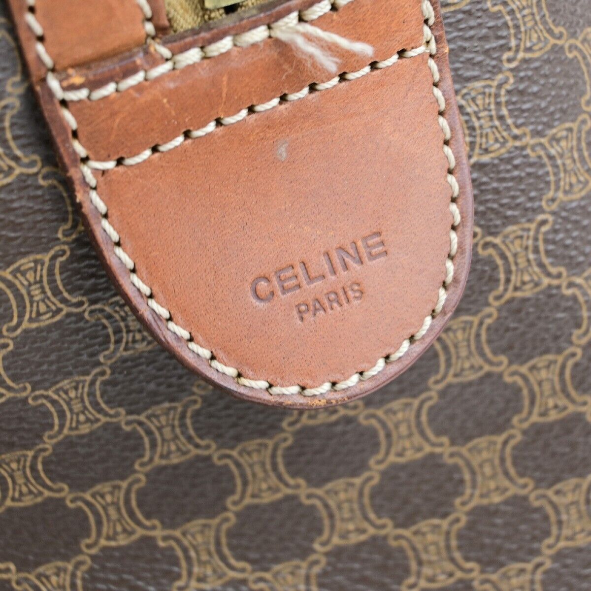 CELINE Macadam Pattern Travel Hand Bag PVC Leather Brown Gold Italy 05ED370