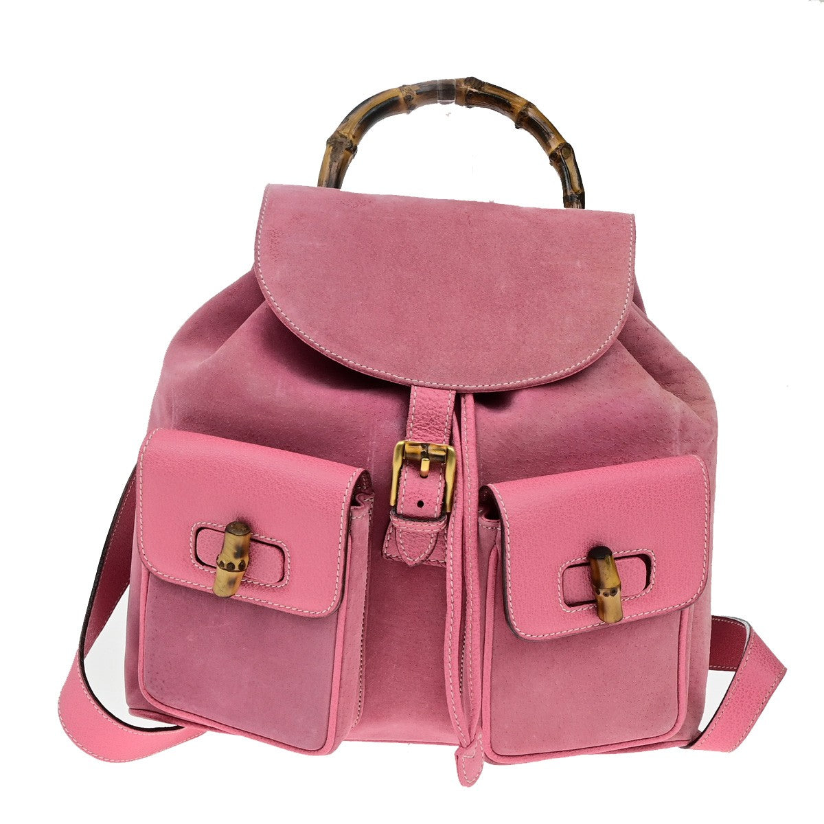 GUCCI Logo Bamboo Drawstring Backpack Bag Suede Leather Pink GHW Italy 35YH129