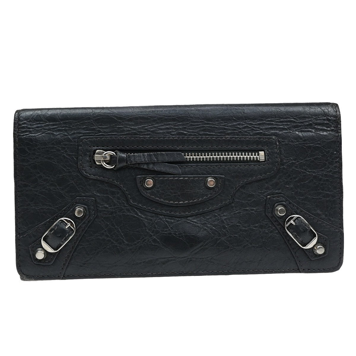 BALENCIAGA Logo Classic Money Long Wallet Purse Leather Black SHW 62CB073