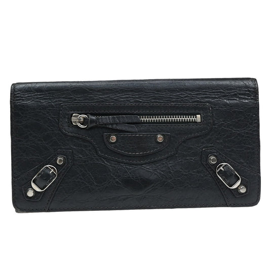 BALENCIAGA Logo Classic Money Long Wallet Purse Leather Black SHW 62CB073