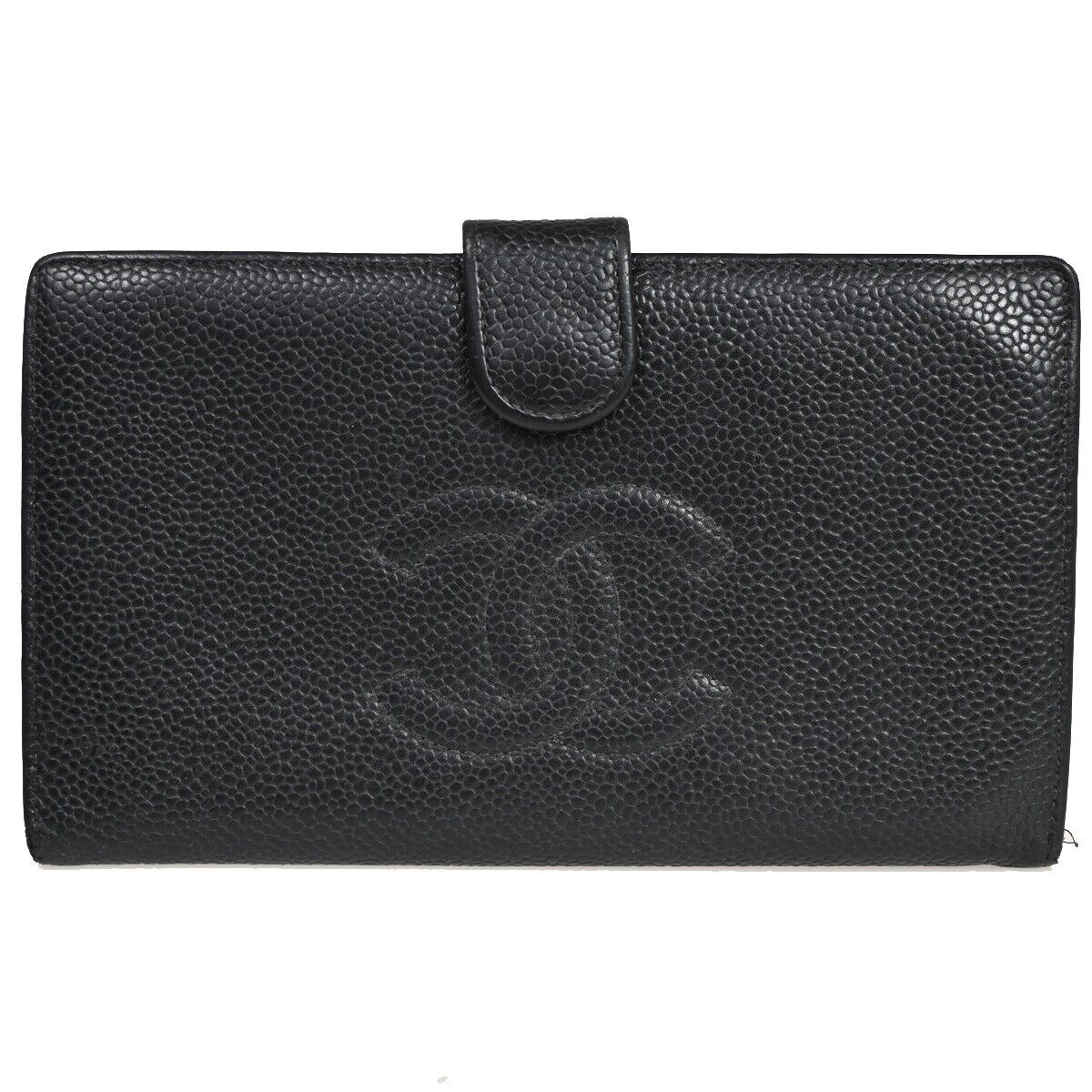 CHANEL CC Logo Long Bifold Wallet Purse Caviar Skin Leather Black GHW 34RF095