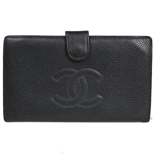 CHANEL CC Logo Long Bifold Wallet Purse Caviar Skin Leather Black GHW 34RF095