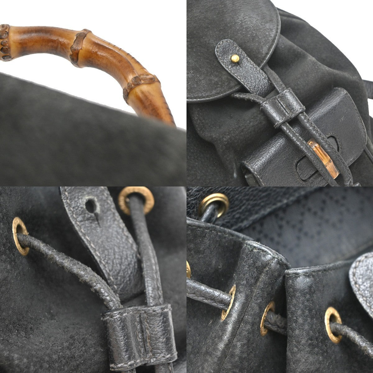 GUCCI Logo Bamboo Backpack Bag Suede Drawstring Black Italy 61EG169
