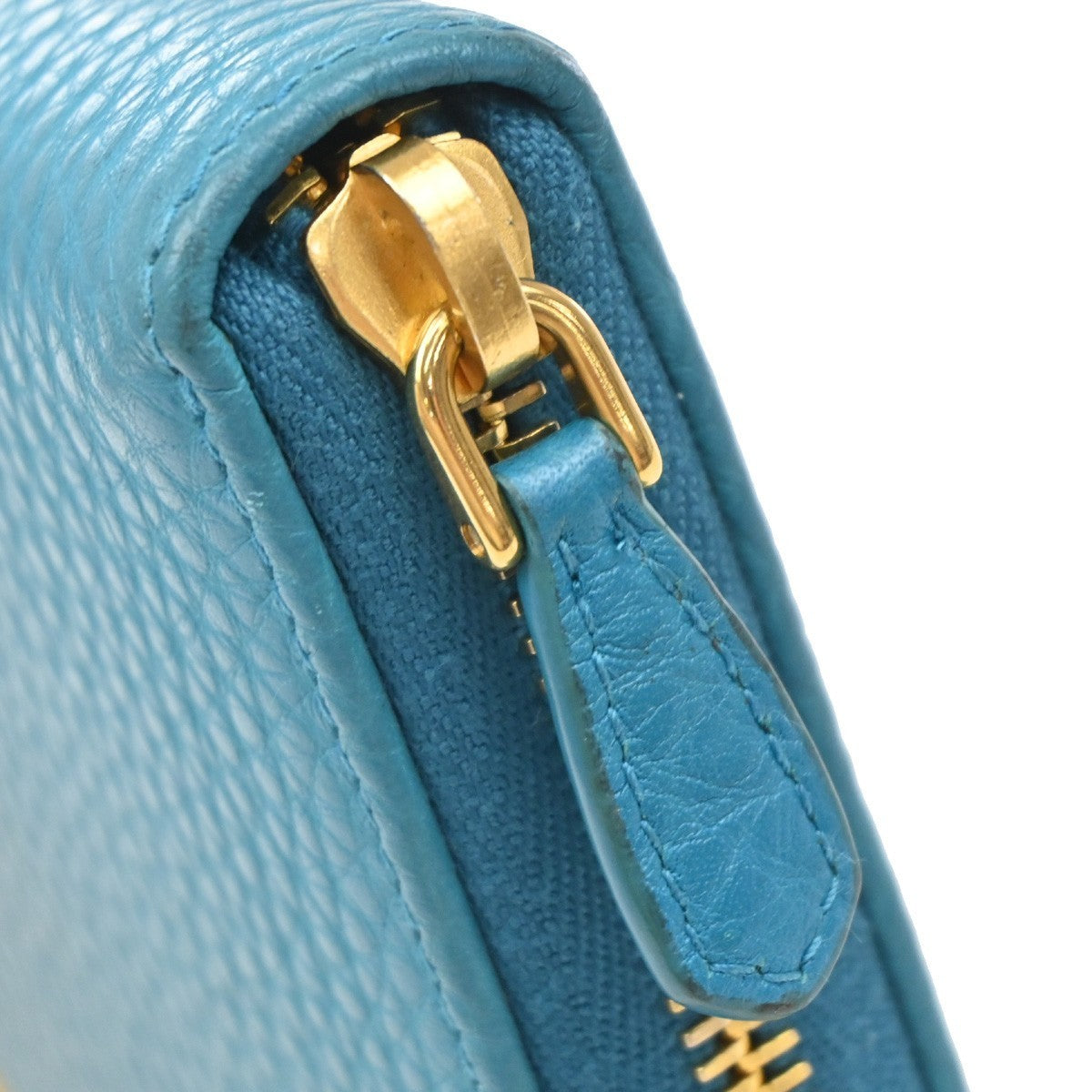 PRADA Logo Long Zipper Around Wallet Vitello Grain Leather Blue Italy 30KB104