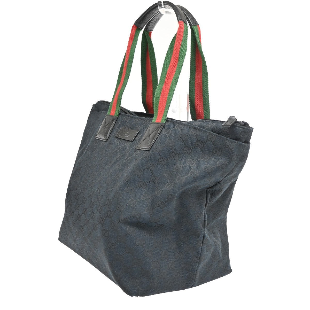 GUCCI web stripe Sherry Line Shoulder Tote Bag Leather Canvas Black SHW 77TA688