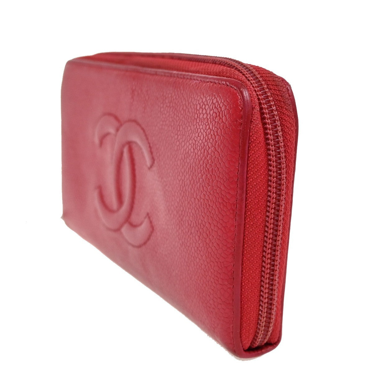 CHANEL CC Logo Zipper Around Wallet Grained Calfskin Leather Red SHW 35YH792