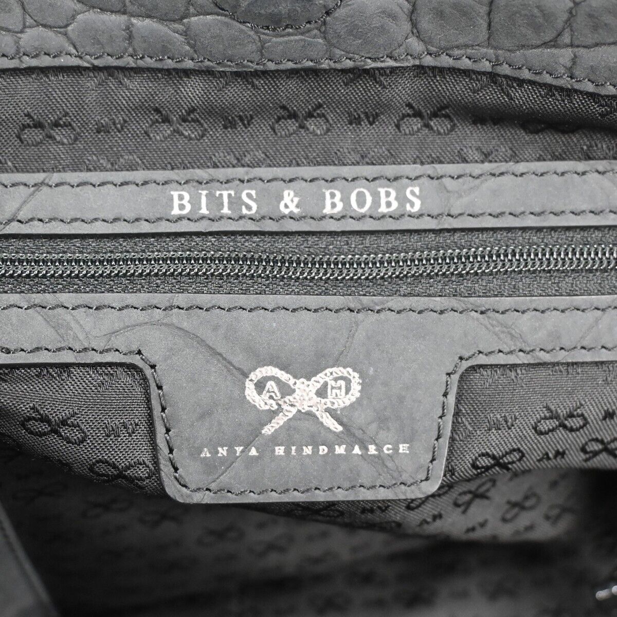 ANYA HINDMARCH Logo 2Way Shoulder Hand Bag Embossing Suede Leather Black 05DA069