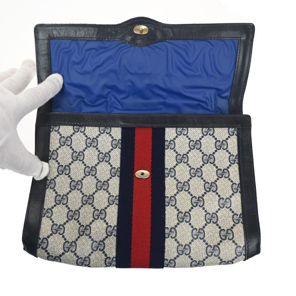 GUCCI Parfums GG Sherry Clutch Pouch Bag Leather PVC Navy Made in Italy 09TA592