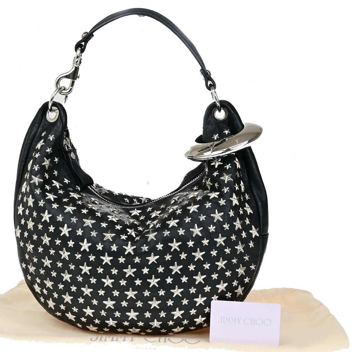 JIMMY CHOO Logo Sky Shoulder Hand Bag Star Studs Leather Black SHW Italy 31YG578