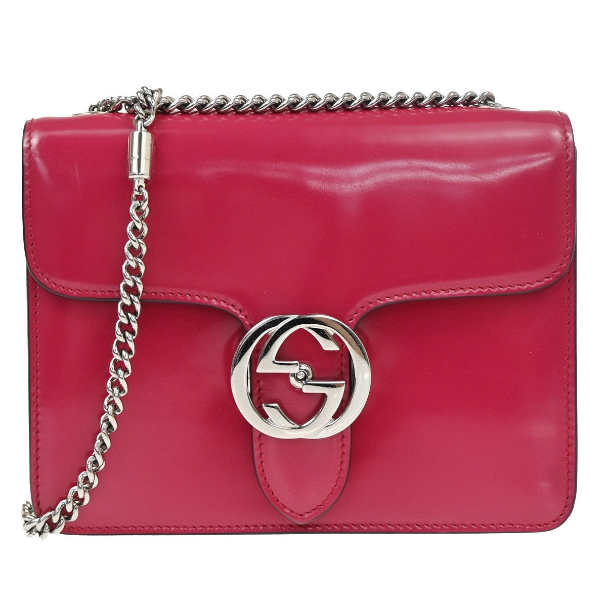 GUCCI Interlocking G Mini Chain Shoulder Bag patent Leather Pink SHW 71TA665