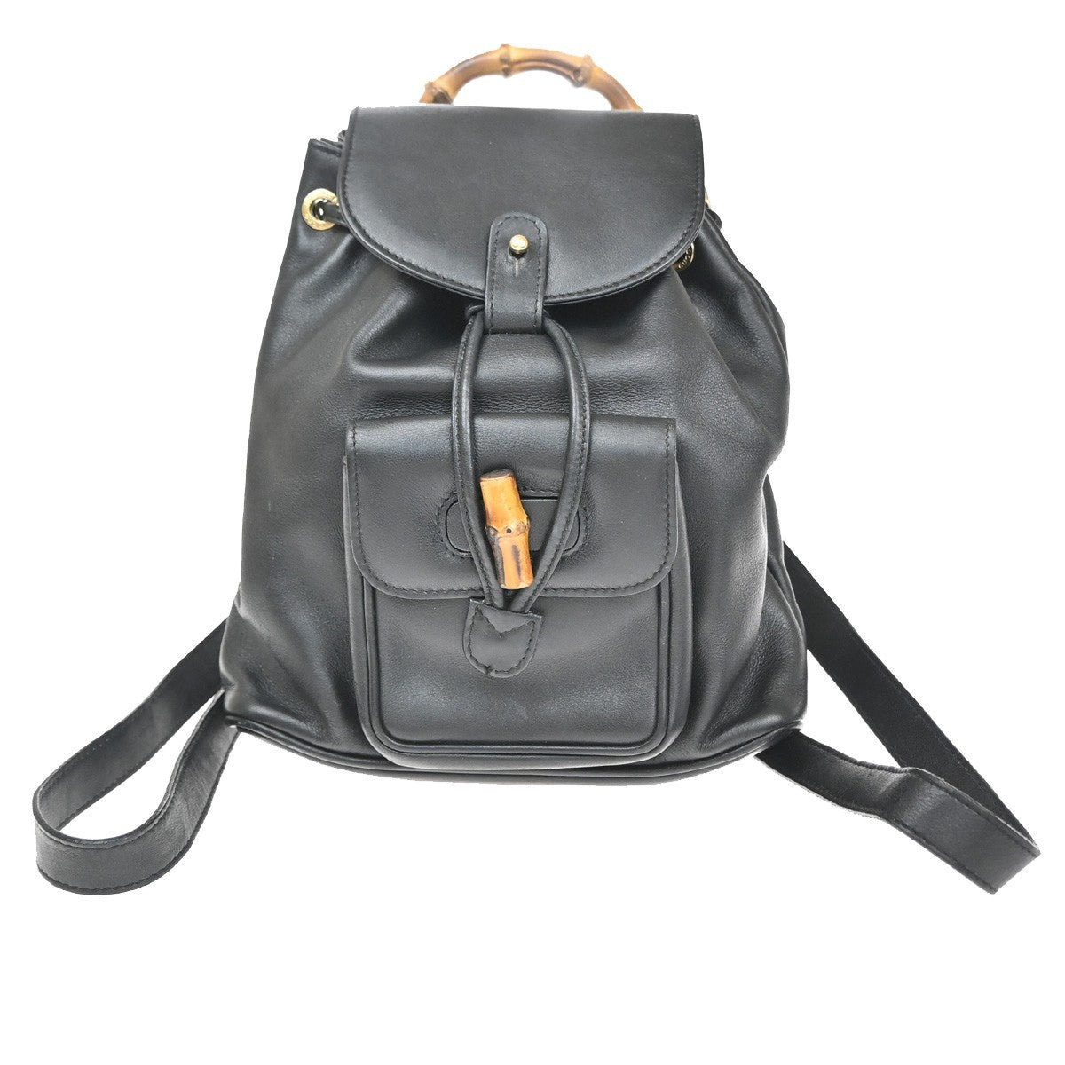 GUCCI Logo Bamboo Drawstring Backpack Bag Leather Black GHW Italy 85CA872