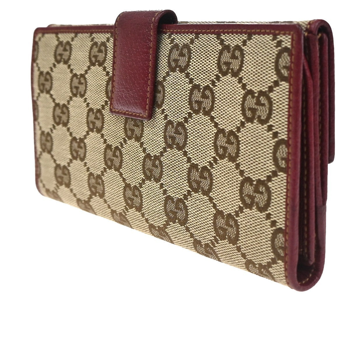 GUCCI GG Biifold Long Wallet Canvas Leather Red Beige SHW Italy 88KD057