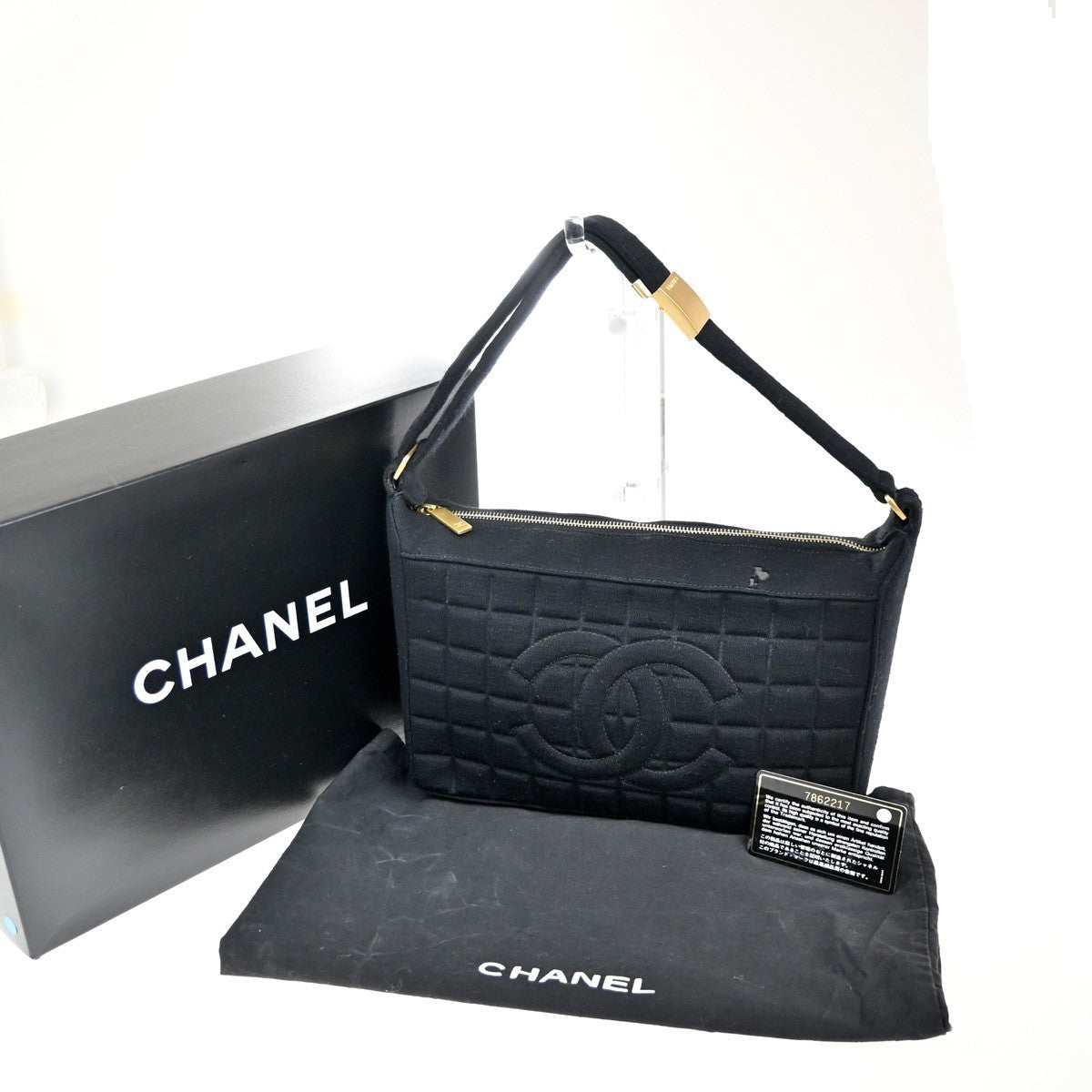 CHANEL CC Chocolate Bar Shoulder Hand Bag Canvas Black GHW 70RL791