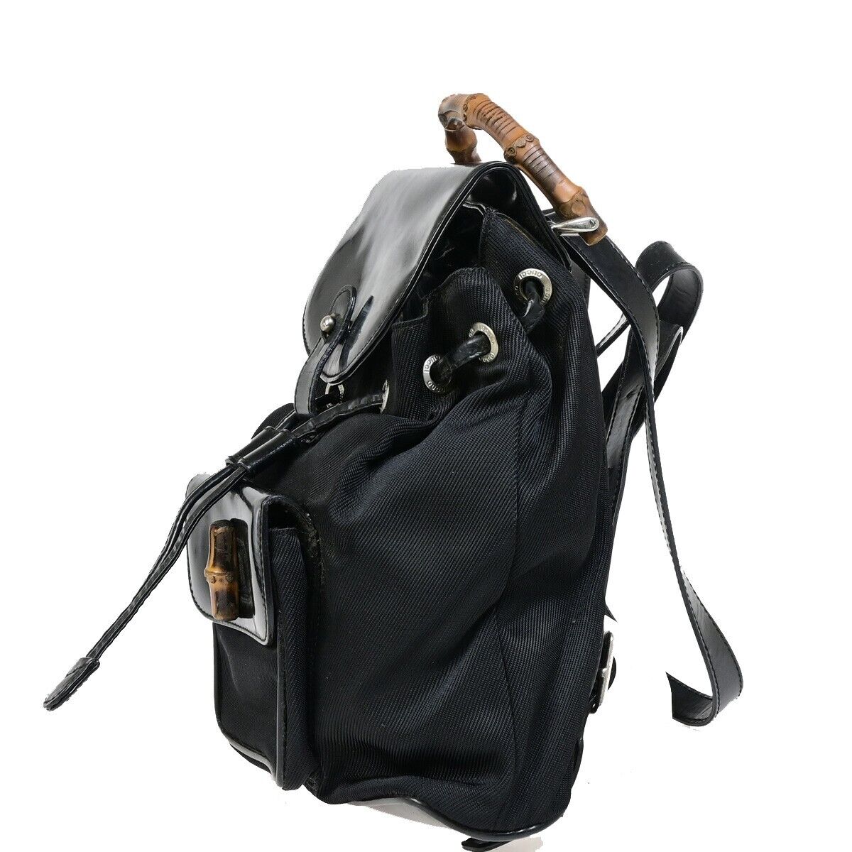 GUCCI Logo Bamboo Backpack Bag Leather Nylon Black Italy 68EB288