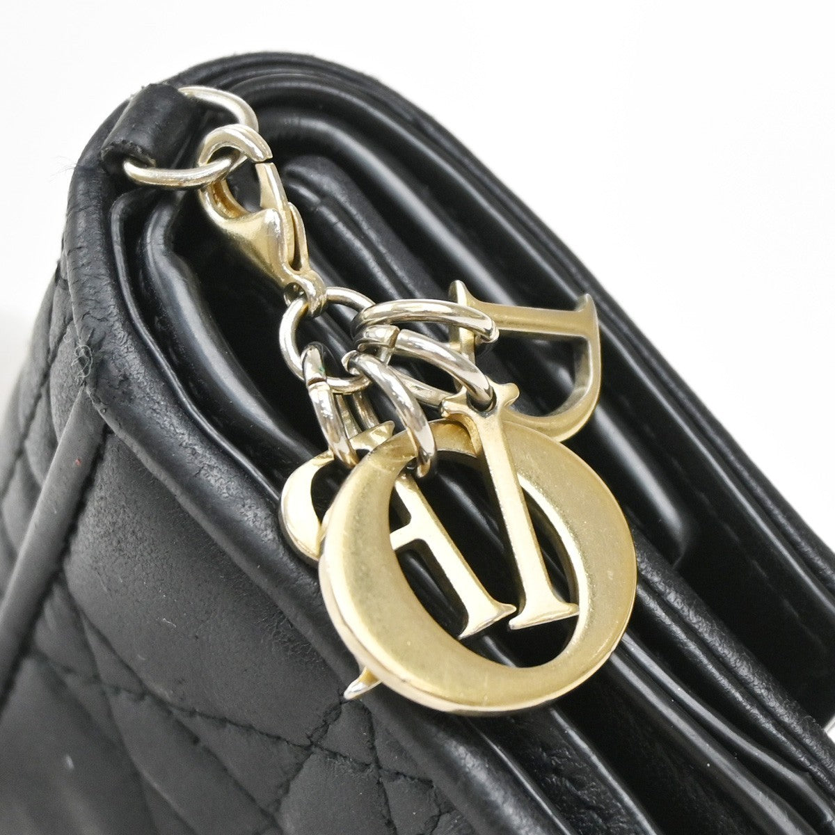 CHRISTIAN DIOR Cannage Charm Trifold Compact Wallet Leather Black GHW 65KB466