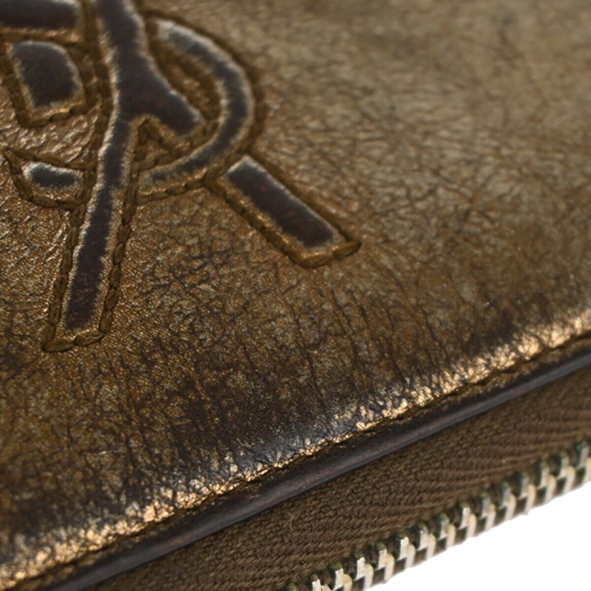 YVES SAINT LAURENT Logo Long Zipper Wallet Purse Leather Metallic Gold 07HB850