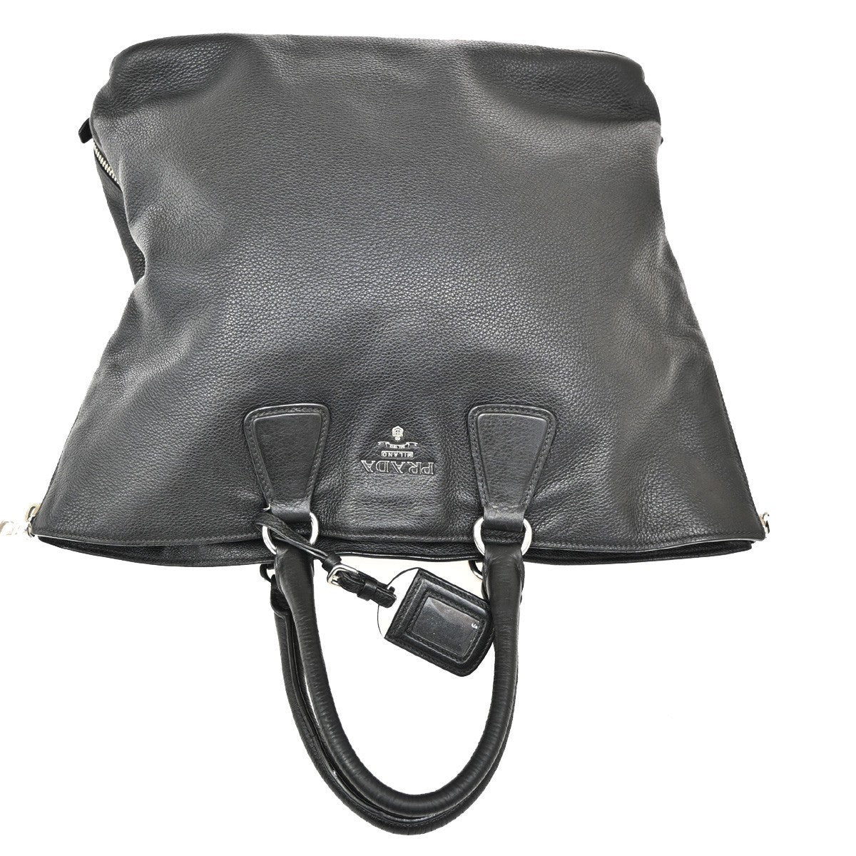 PRADA Logo Side zipper Hand Tote Bag Pebbled leather Black SHW 87TA115
