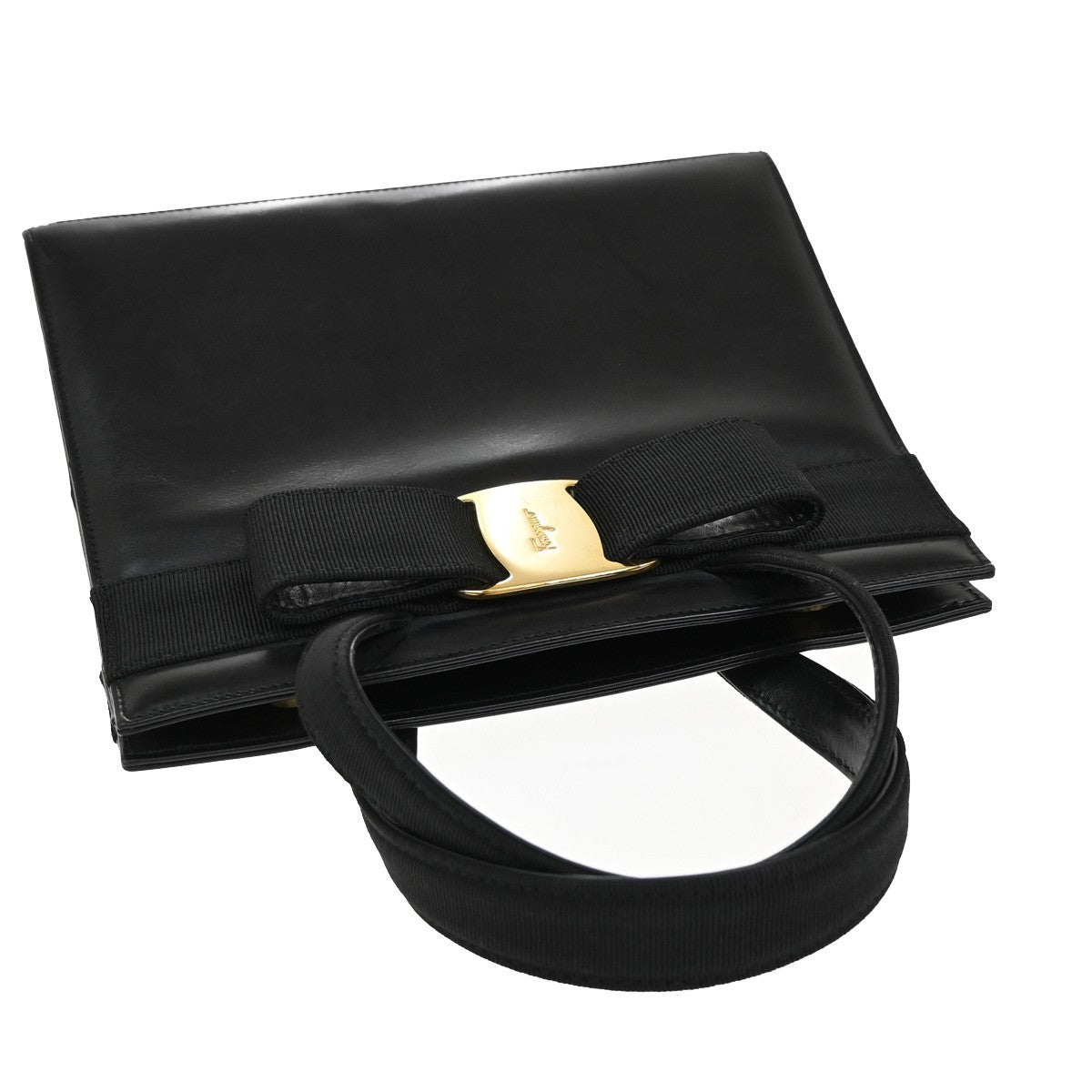 SALVATORE FERRAGAMO Logo Vara Hand Bag Canvas Leather Black Gold Italy 67KB455