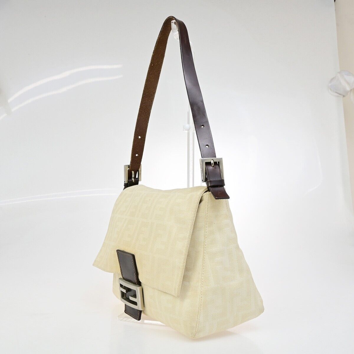 FENDI Zucca Zucchino Pattern Shoulder Bag Canvas Leather Beige Brown 34KA489
