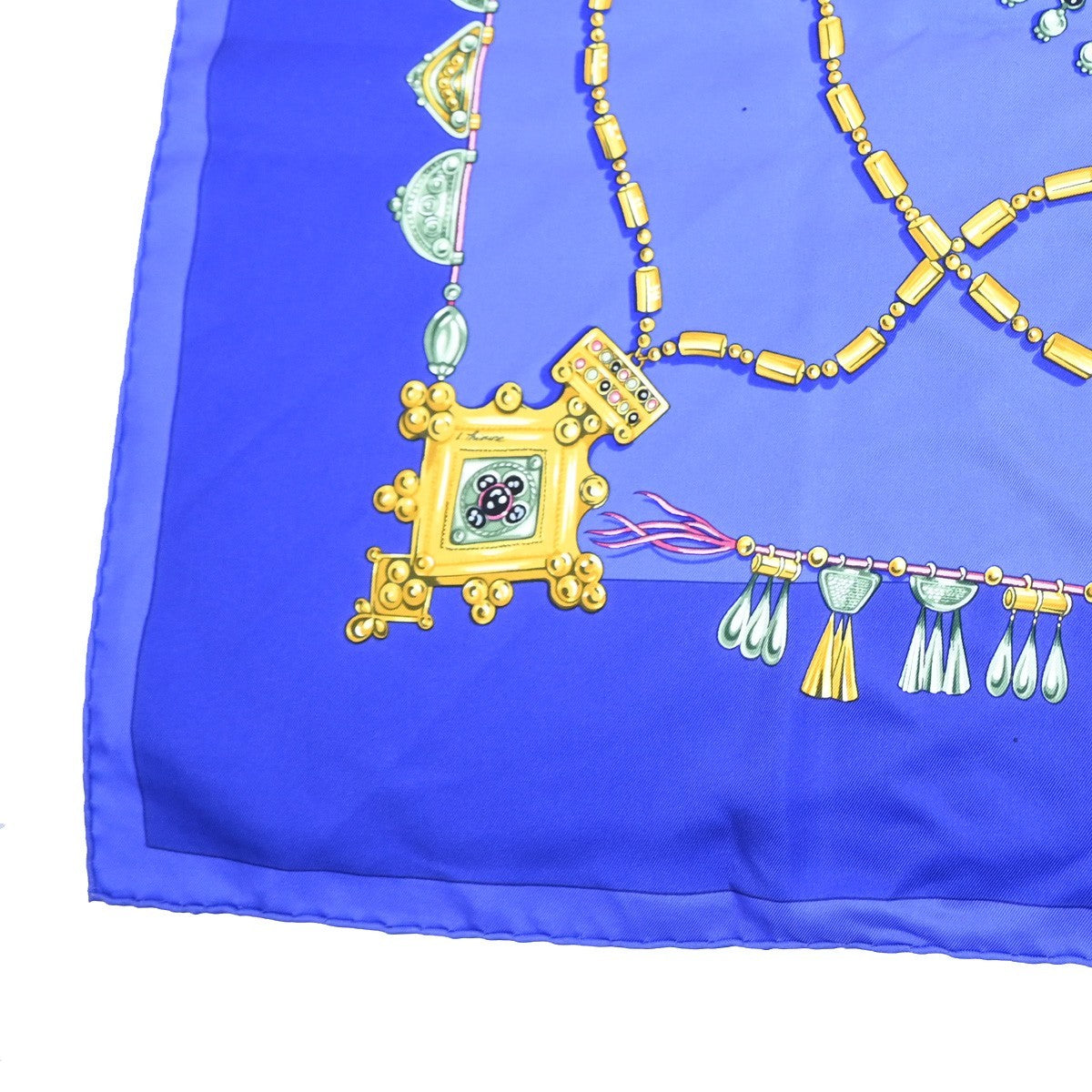 HERMES Logo Carre Scarf 90  " PARURES DES SABLES" 100% Silk Blue France 38YJ114
