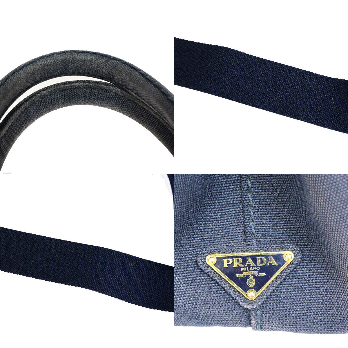 PRADA Logo CANAPA 2Way Shoulder Hand Bag Canvas Leather Navy Blue GHW 86SJ071