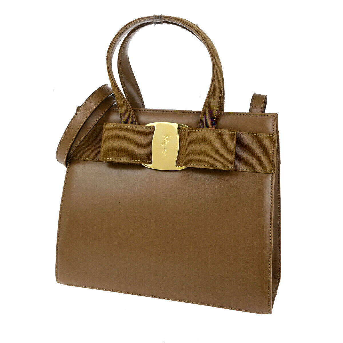 SALVATORE FERRAGAMO Vara 2Way Shoulder Hand Bag Canvas Leather Brown GHW 38YG594