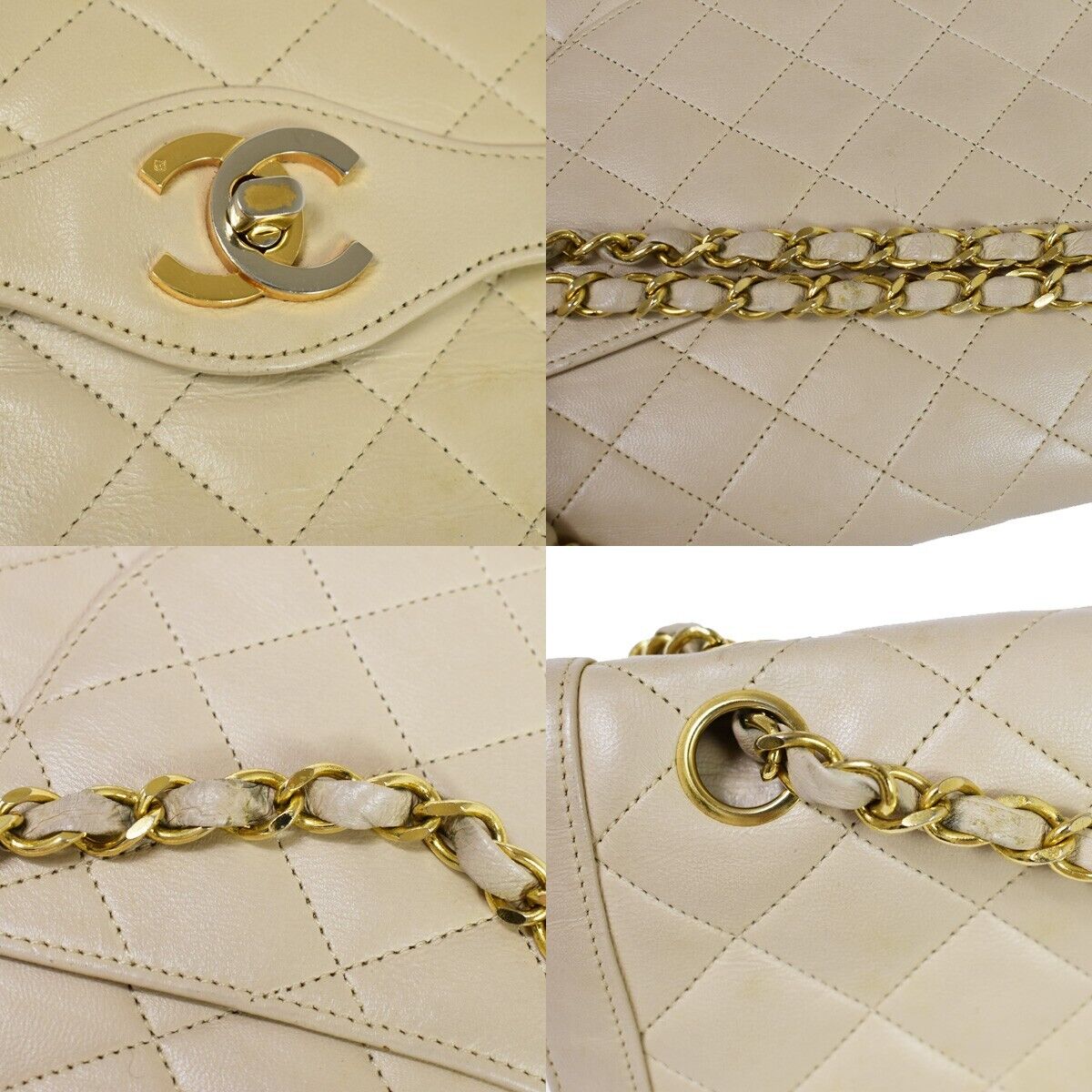 CHANEL CC Double Flap Paris Matelasse Chain Shoulder Bag Beige Vintage 648RH752
