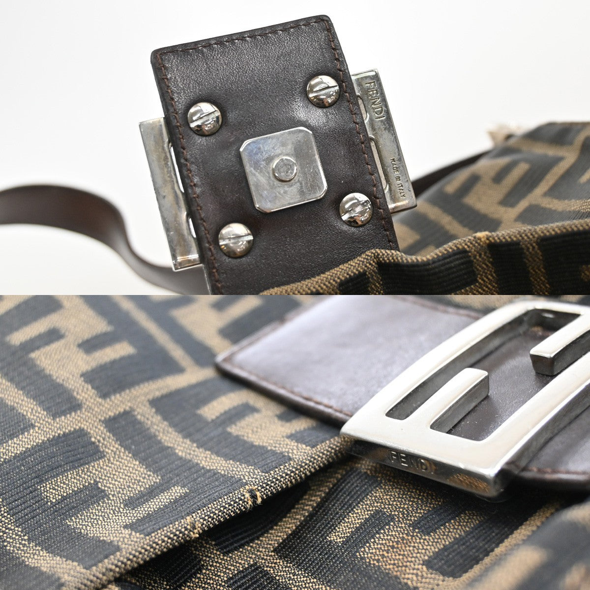 FENDI Logo Mamma Zucca Pattern Shoulder Bag Canvas Leather Brown Italy 58KB447