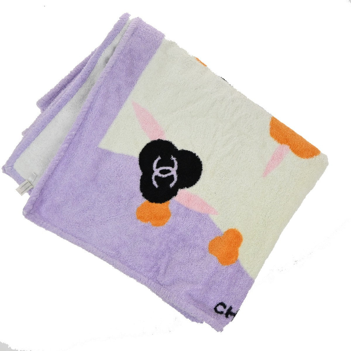 CHANEL CC Logo Camellia Large Beach Towel 100% Cotton Purple White 01KP556