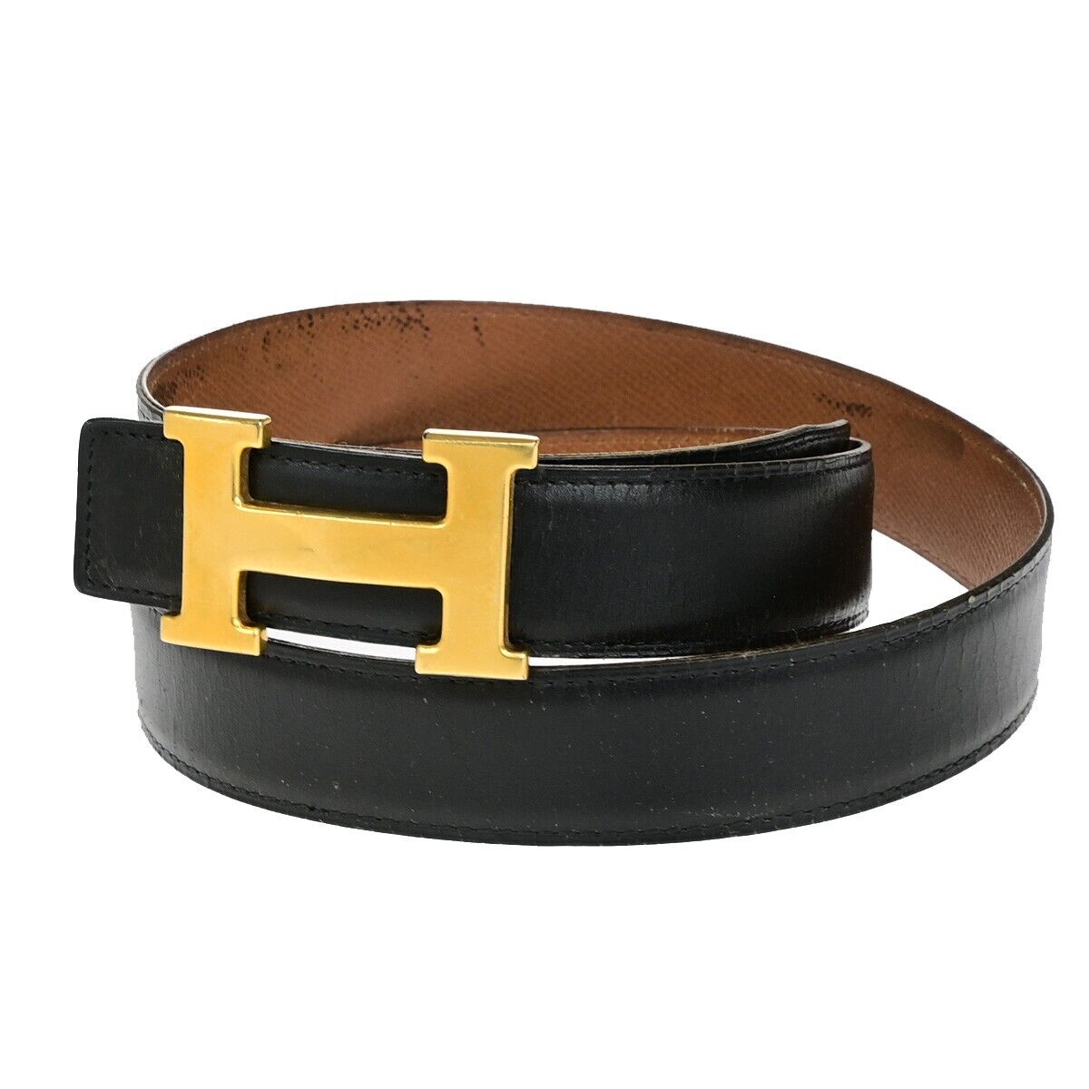 HERMES H Logo Constance Reversible Buckle Belt Leather #90 Black Brown 36YG749