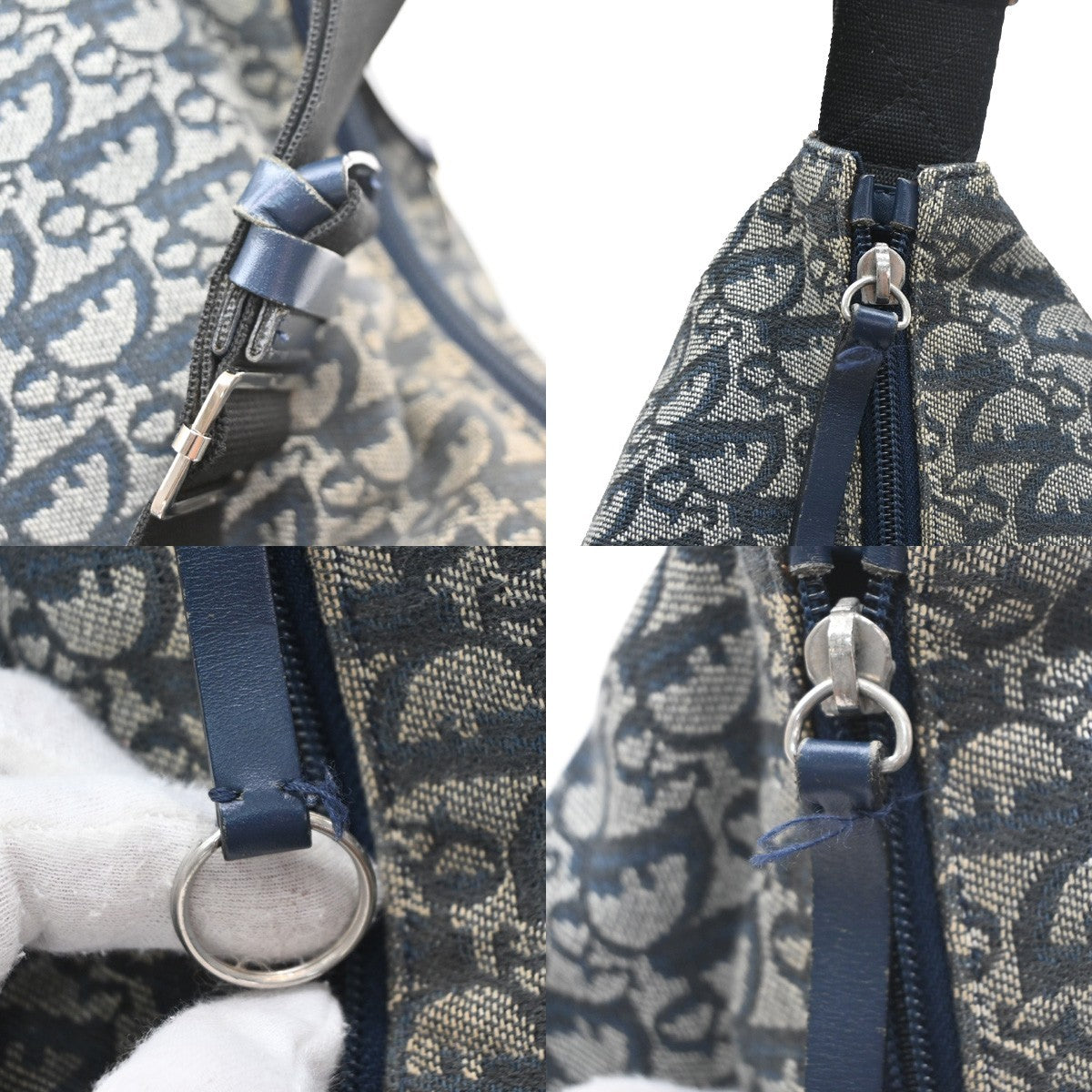 CHRISTIAN DIOR Trotter Pattern shoulder Bag Canvas Leather Navy Blue 70SA157