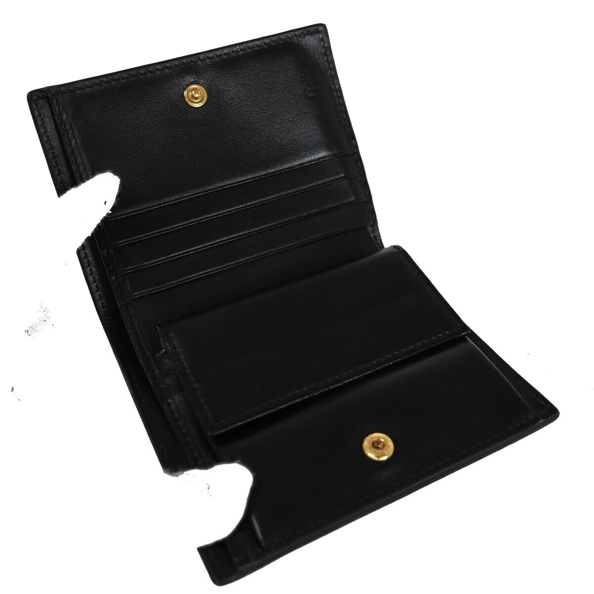 FENDI F Logo Bifold Wallet Purse Embossing Leather Black Gold Italy 32EA222