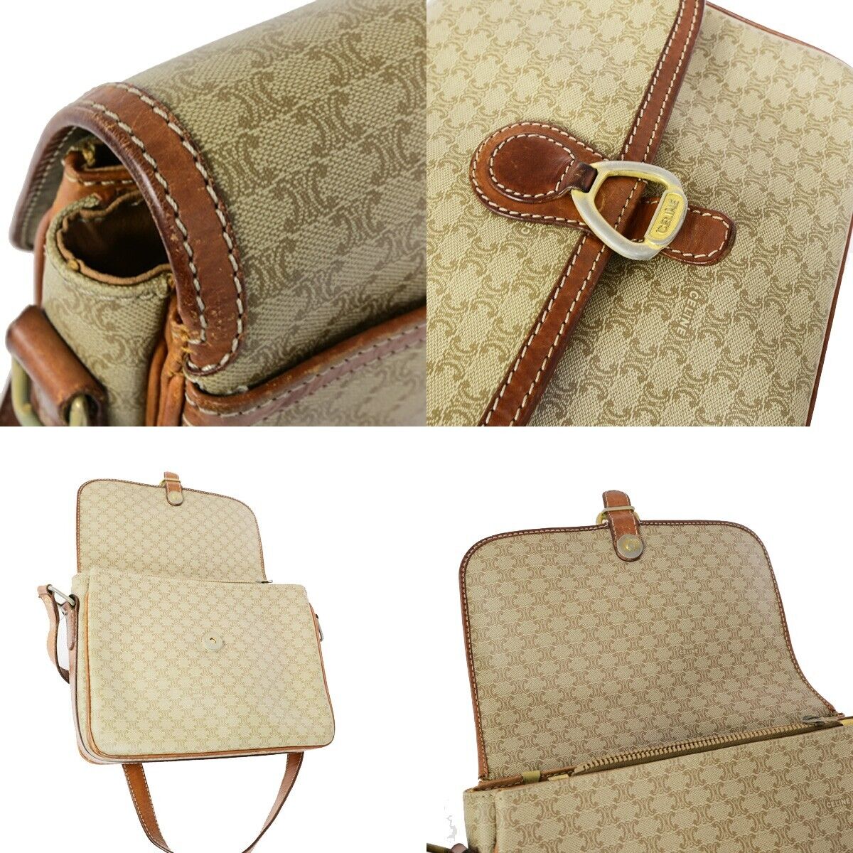 CELINE Logo Macadam Pattern Shoulder Bag PVC Leather Beige Italy 04EB426