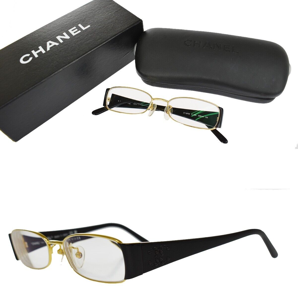 CHANEL CC Logo Rhinestone Glasses Eye Wear Plastic Black Gold Japan ACC 60GA716