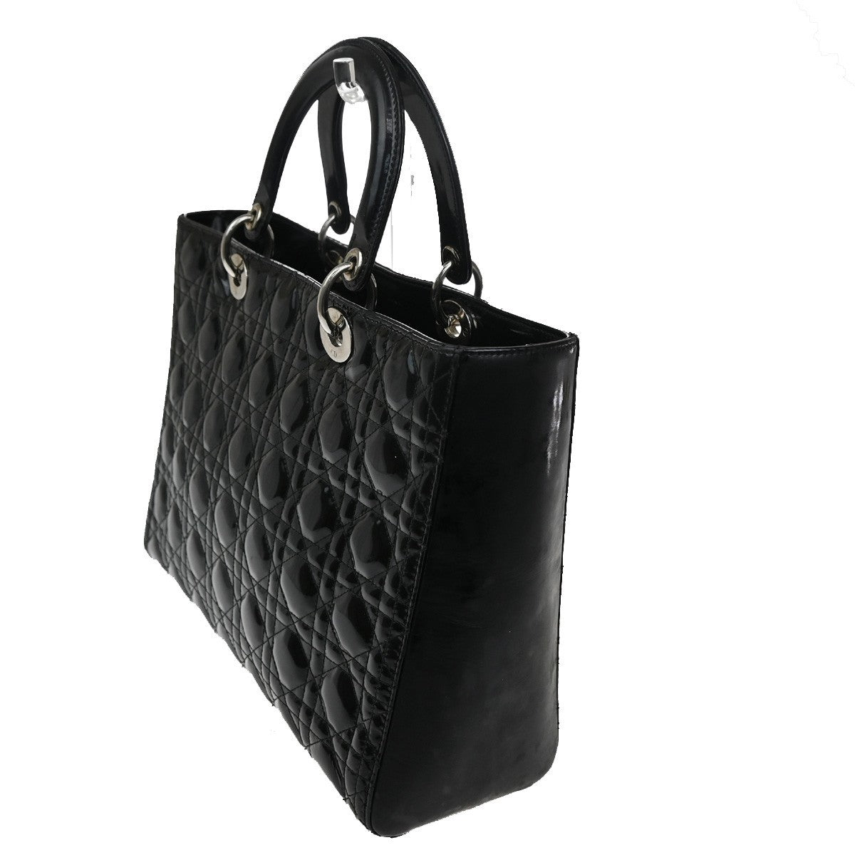 CHRISTIAN DIOR Logo Lady Cannage Hand Bag Patent Leather Black SHW 21TA215