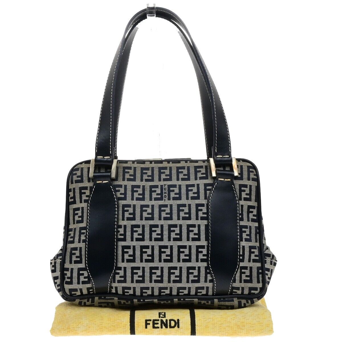 FENDI Logo Zucchino Pattern Hand Bag Nylon Leather Navy Blue Silver 31KA551