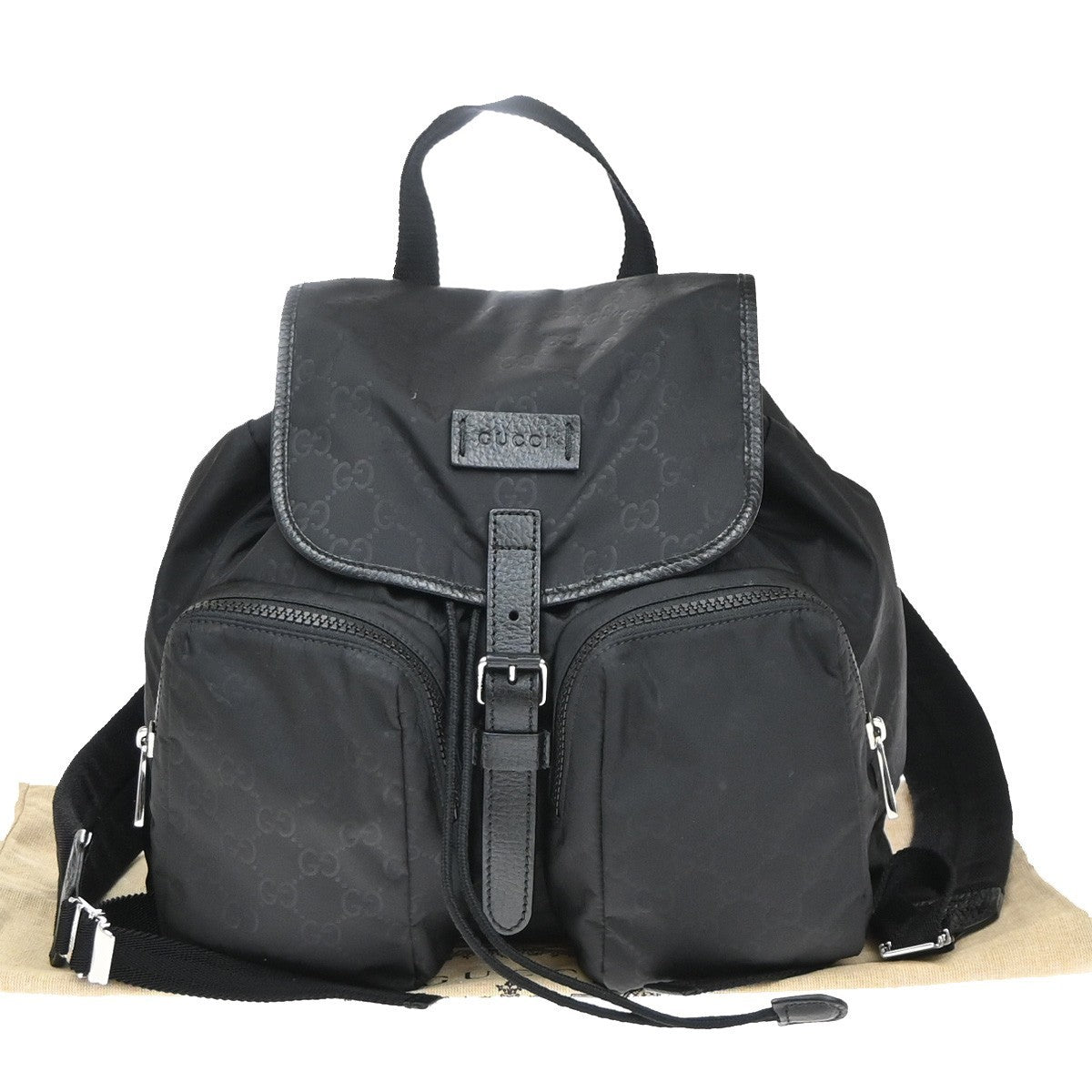 GUCCI Logo GG Pattern Backpack Bag Nylon Leather Black SHW Italy 99YH952