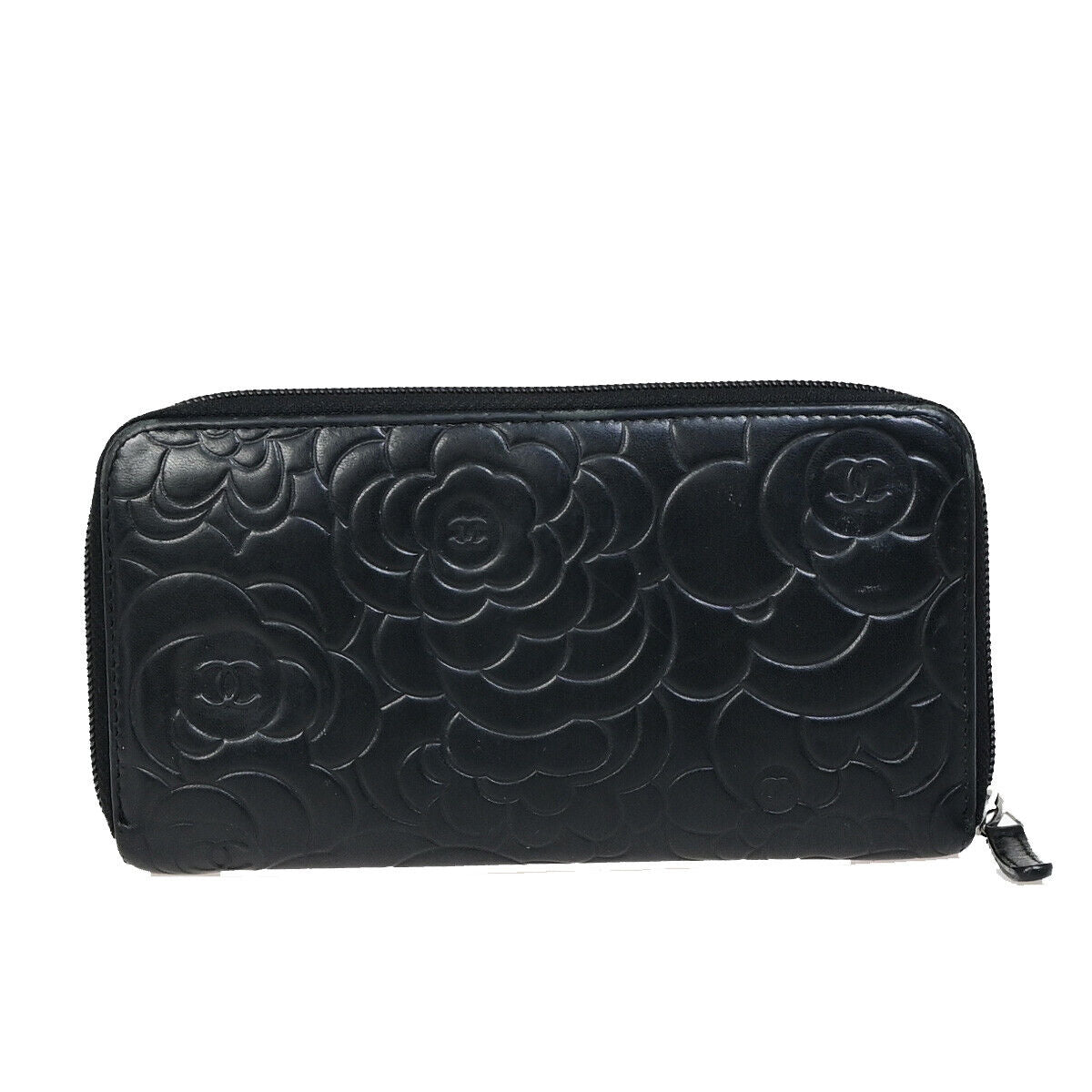 CHANEL CC Logo Camellia Pattern Zip Around Long Wallet Leather Black 30EB556