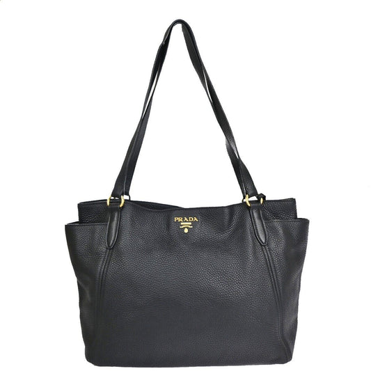 PRADA Logo Shoulder Tote Bag Leather Black Gold Made in Italy 93EA812