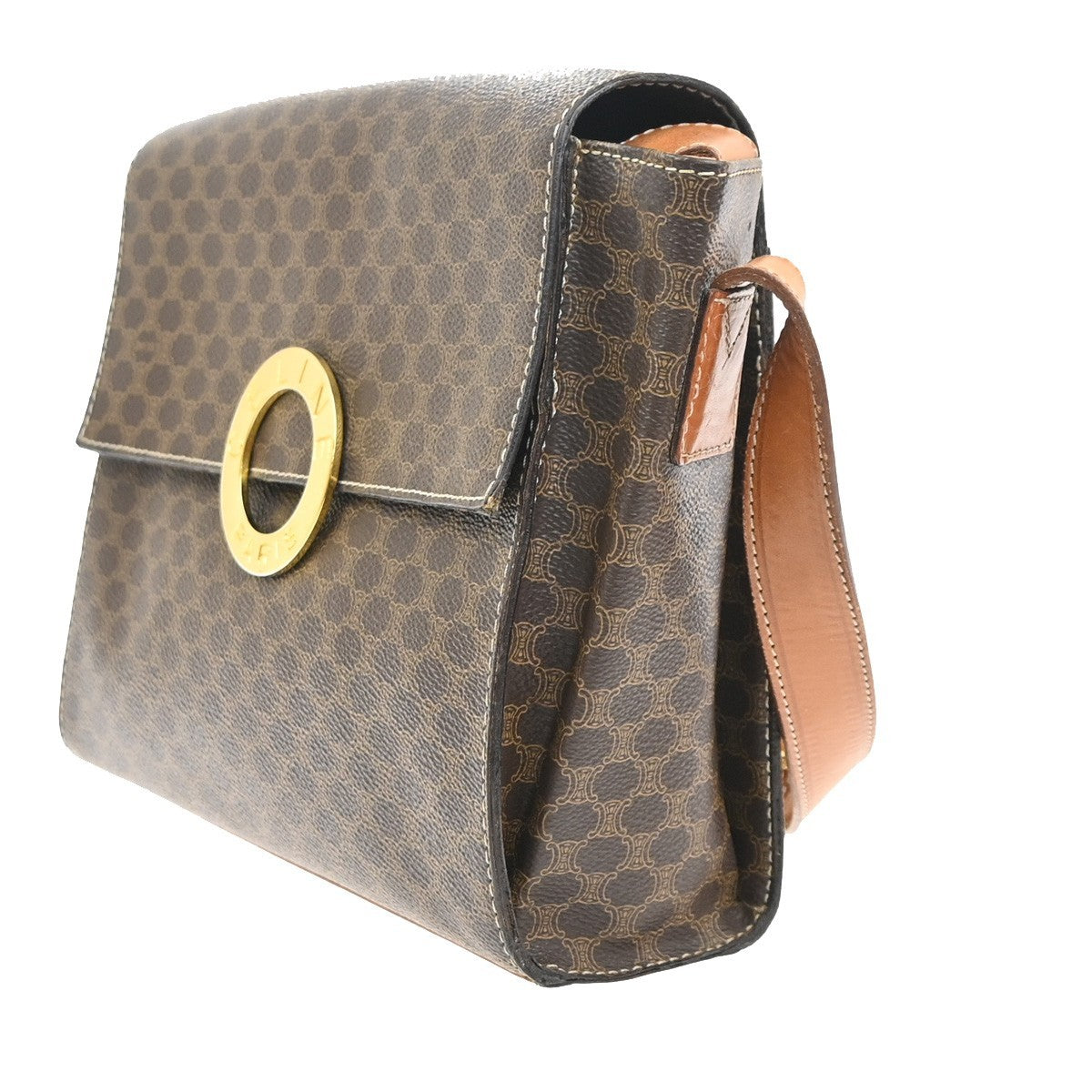 CELINE Macadam Circle Logo Shoulder Bag PVC Leather Brown GHW 88KC866