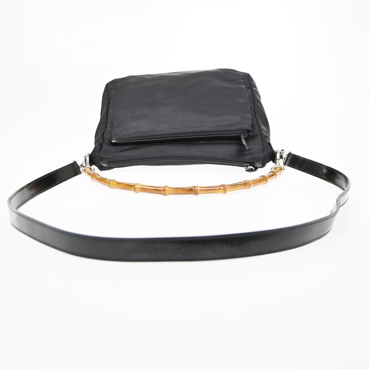 GUCCI Logo Bamboo 2Way Shoulder Hand Bag Nylon Leather Black SHW Italy 64ZA309
